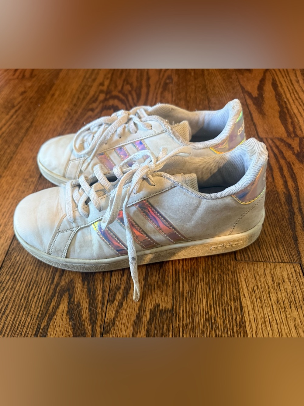 adidas Kids White Sneakers with Iridescent Stripes